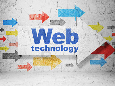 Web 开发概念箭头与 Web 技术在垃圾墙背景上网站建筑服务器设计房间代码水泥指导小路古董背景图片