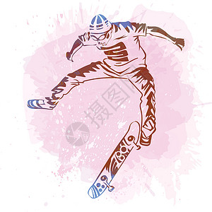 滑板手在水彩风格背景下跳跃着飞溅的油漆点 溜冰鞋和滑板图标 极端主题现代印花溜冰者速度青少年滚筒旱冰男生车轮文化运动喜悦背景图片
