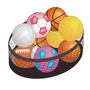 冰壶球不同的游戏球在大篮子里隔离在惠特棒球台球收藏冰壶圆圈工具海滩马球网球活动插画