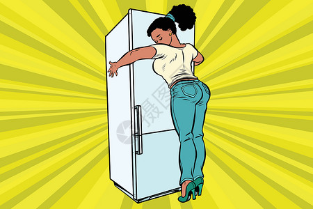 减肥霜详情页美丽的女人抱着冰箱回家的美丽女人女孩厨房电气拥抱冷却器房子插图美食重量冻结插画
