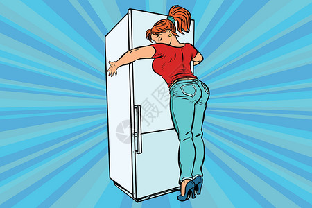 减肥霜详情页美丽的女人抱着冰箱回家的美丽女人女士会议喜悦饮食拥抱女孩食物漫画重量电气插画