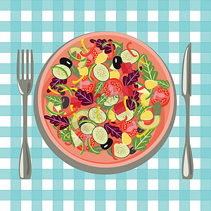 餐盘上的健康新鲜食品和餐桌布边的蔬菜插画