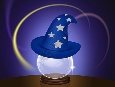 巫师帽晶球上的魔术帽星星魔术师展示娱乐闲暇帽子蓝色玩具卡通片插图背景