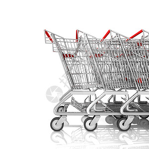 一辆购物车在停车场上 与白色隔绝 3D车轮零售购物中心红色篮子营销购物店铺商业消费者背景图片