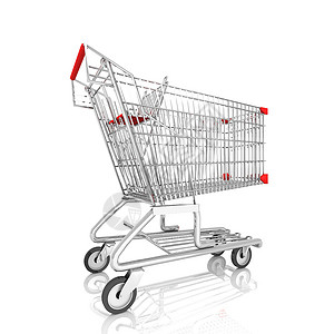 白色的购物车 3D翻接消费者营销杂货店铺篮子大车车轮金属商业零售背景图片