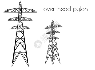 高架电缆白色背景上的头顶塔剪影插画