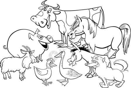 马岗鹅农场动物角色着色嘘孩子们吉祥物牧羊犬插图小马哺乳动物染色童话母鸡绘画插画