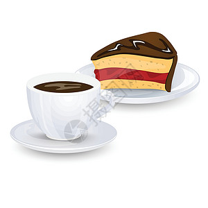 白色巧克力一杯咖啡和一块巧克力蛋糕 里面有白色背景的果酱 矢量插图 (笑声)插画