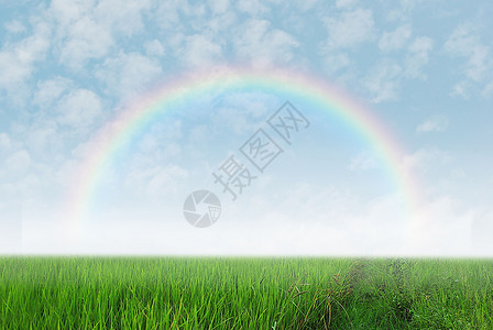 带彩虹的绿地季节晴天环境爬坡天空土地阳光草地地面太阳背景图片