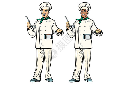 布兰奇白种人和非裔厨师 手拿领架和烹饪锅插画