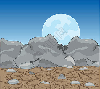 干涸的土地沙漠中的夜晚山脉土地石头裂缝天空干旱月亮地面插图口渴插画