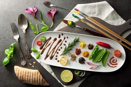 食品调色板概念刷子工艺酱料推介会食谱餐厅烹饪美食草药创造力背景图片