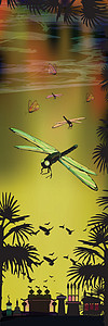 多枝的翅膀明亮的飞龙黄色水彩插图日出反射绿色动物透雕野生动物城市插画