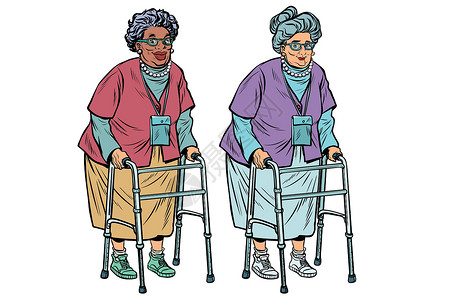 老年设施有 walke 的非洲和白种人老太太插画