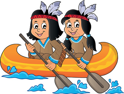划桨女孩船只主题1中的美洲土著土著儿童插画