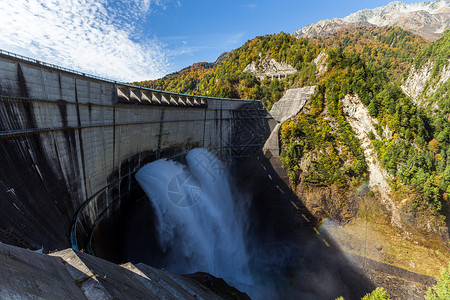 富山仓罗贝大坝和彩虹地标旅游农村绿色建筑学活力天空力量场景高山背景