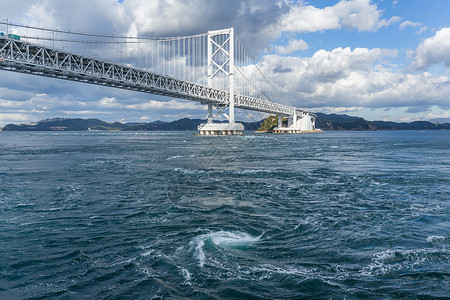 蓝色天空的奥纳鲁托桥和Whirlpool旋转海景吸引力交通淡路海洋白色阳光建筑海浪背景图片