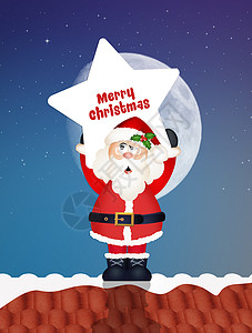 圣诞老人 有明星在屋顶上插图红色快乐问候语明信片庆典星星背景图片
