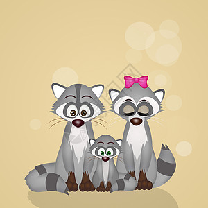 浣熊家庭卡通片荒野夫妻插图树木动物明信片背景图片