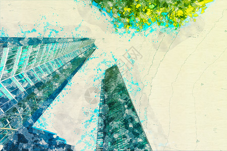 摩天大楼立面办公楼现代玻璃建筑城市蓝色市中心办公室窗户建筑学水彩小品建造背景图片