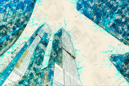 摩天大楼立面办公楼现代玻璃天空水彩玻璃建筑建造市中心景观建筑物反射小品背景图片