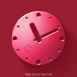 平面金属时间 3D 图标 在红色背景的红色光滑的金属时钟  EPS 10矢量图背景图片