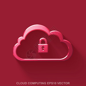 红色挂锁平面金属云技术 3D 图标 红色有光泽的金属云与红色背景上的挂锁 EPS 10 矢量设计图片