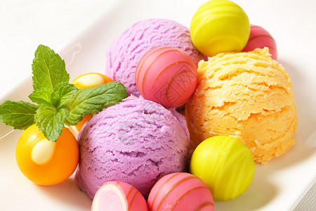 水果花果冰淇淋和菠萝紫色味道盘子糖果食物橙色奶糖绿色粉色巧克力背景图片