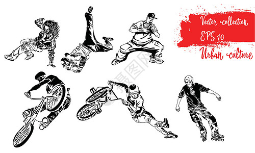 一组极限运动员 压路机 骑自行车的人和霹雳舞者 极端主题现代印刷品 矢量设计元素 在白色背景上被隔离设计图片