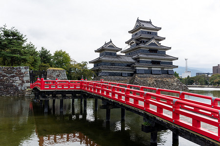 本州松本城堡和红桥建筑樱花地标寺庙皇帝城市文化石头护城河公园背景