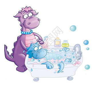 紫色三角龙玩具小龙在月亮上喝小龙的婴儿瓶剧院节日插图问候生日颜色派对童话故事玩具孩子们背景