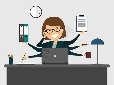坐着的商务女人忙碌的秘书用笔记本电脑微笑插画