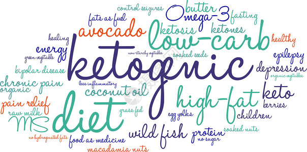 双相情感障碍生酮词云黄油炎症癫痫活力野鱼浆果蛋黄酮症绿色蔬菜插画