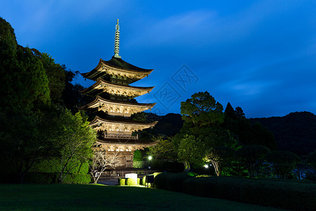 日本琉璃光寺宝塔天际森林历史性植物公园佛教徒旅行池塘建筑学游客背景图片