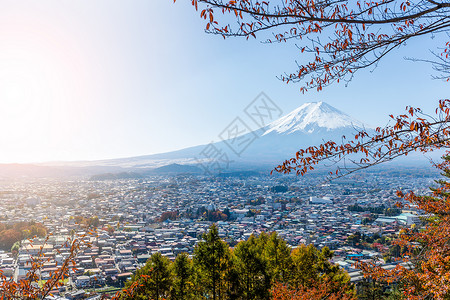 秋秋藤山旅行季节地标新仓神社浅间宝塔公吨寺庙天空背景图片