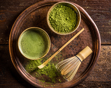 相配的日本相配青茶竹子托盘粉末文化勺子美食绿色背景