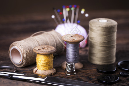 缝衣器 针线 针头用文泰风格纺织品工具卷尺爱好织物缝纫工作顶针磁带材料背景