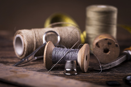 文泰素材缝衣器 针线 针头用文泰风格材料丝带缝纫工作衣服裁缝剪裁织物缝合纺织品背景