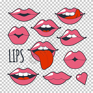 设置迷人的古怪图标 时装设计的插图 亮粉色妆吻痕 在透明背景上隔离的 80 年代和 90 年代卡通风格的热情嘴唇乐趣徽章绘画贴纸背景图片