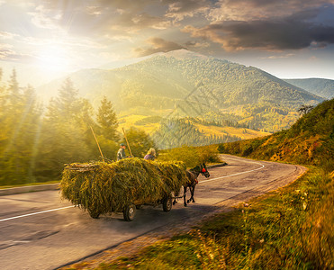 日落时乘着马车干草前往山上高清图片