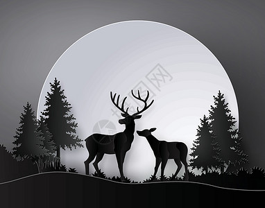 莱巴克森林中的鹿荒野野生动物哺乳动物艺术插图工艺尾巴鹿角驯鹿月亮插画