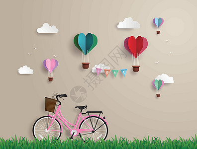 粉色篮子停在草地上的粉色自行车插画