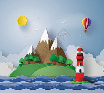 气球海洋素材带岛的灯塔插画