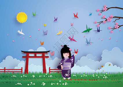 日本樱桃穿着国服和纸鸟的日本女孩们都快乐地穿着国民服装设计图片