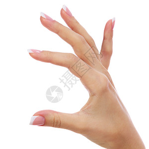 女性在白色背景上被孤立的手空白销售量棕榈手指问候语拇指皮肤手势女士商业背景图片