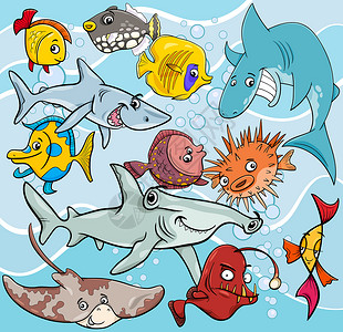 转型团伙鱼类卡通动物字符组插画