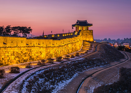 华城韩国 南朝鲜水原华盛堡日落背景