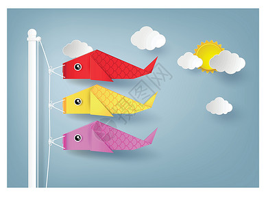 日本风筝组织或教天空折纸风格装饰飞行动物传统框架空气折叠插画