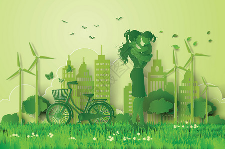 城市自行车女孩生态与家庭的概念女儿绿色地球行星妈妈公园生物回收活力生物学设计图片