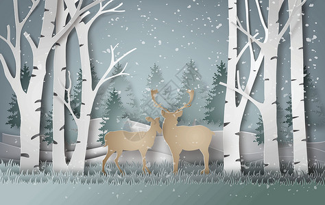 雪地森林中的鹿雪花喇叭海报剪纸寒冷季节性创造力插图乐趣驯鹿背景图片